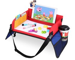 VIN® Reistafel voor Kinderen - Tablethouder – Inklapbare Autotafel – Speeltafel Auto Met Zijvakjes - Opvouwbare Reistafel - Auto Organizer Kinderen - Tekentafel Auto – rood/blauw
