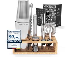 VINENCO Cocktailshaker Set Boston met Houten + Recepten Boek: 13 Delig RVS Staal Premium Barkeeper Kit | Prof Cocktail Shaker Bar Accessoires Martini Gin Mojito Longdrinks Party Verjaardag Cadeau Man Vrouw