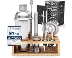 VINENCO Cocktailshaker Set Manhattan met Houten + Recepten Boek: 13 Delig RVS Staal Premium Barkeeper Kit | Prof Cocktail Shaker Bar Accessoires Martini Gin Mojito Longdrinks Party Verjaardag Cadeau Man Vrouw