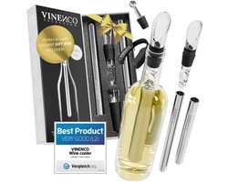 VINENCO Wijnkoeler Stick Set - Wijnkoelstaaf + Capsulesnijder + RVS-Wijnafsluiter + Opbergzakje | Elegant 3-in-1 Design met Druppelstop Decanter Doseerkap & Koelstaaf | Witte en rode wijn decanteren, Bar Kit