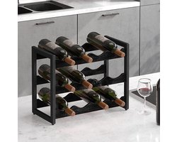 VinoDiMontagna Wijnrek - 3-laags - 12 flessen - Wijnmeubel - Staand Flessenrek voor 12 flessen - Hout - 45 x 38 x 20 cm (L x B x H) - Zwart