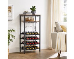 VinoDiMontagna Wijnrek - Wijnkast - Metaal - Hout - Flessenrek voor 20 flessen met glashouder, voor kelder, keuken, eetkamer - industriële stijl - 50 x 32 x 100 cm (L x B x H) - Donkerbruin