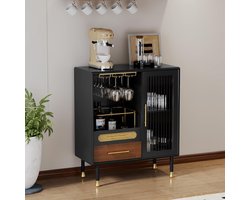 VinoLux Moderne Barkast / Wijnkast 80x38x94 cm – Zwarte Bar Cabinet met Wijnglashouders, 2 Lades en Glazen Deur voor Woonkamer, Keuken en Eetkamer