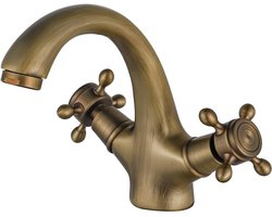 Vintage Badkamer Wastafelkraan - Dubbelhendel Ontwerp - Geborsteld Retro Messing - Hoogwaardig Keramiek Ventiel - Enkel Gat Montage - 14 cm Hoog - Corrosiebestendig