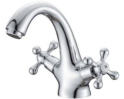 Vintage badkamerkraan, dubbele handgreep wastafelkraan, chroom, zilver