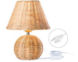 Vintage bamboe tafellamp met stekker en schakelaar - Handgemaakte E27 tafelverlichting voor slaapkamer en woonkamer