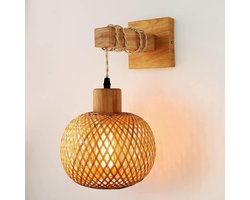 Vintage Binnen Wandlamp, E27 Retro Houten Wandlamp met Rotan Lampenkap | Kooi Wandlampen Worden Gebruikt In Woonkamers, Slaapkamers, Gangen, en Restaurants, Max 60W (Zonder Gloeilamp) [Energieklasse F]