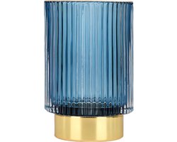 Vintage blauwe gestreepte glazen vaas van kristalglas, praktische opberghouder voor make-upkwasten, ook bruikbaar als decoratieve pennendoos voor thuisbureau en kaptafel
