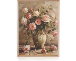 Vintage Bloemen Canvas Muurkunst voor Slaapkamer en Woonkamer - Olieverfschilderij van Franse Landelijke Bloemen in Vaas (30x40 cm)
