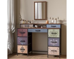 Vintage Bloemen Kaptafel voor Slaapkamer - 9 Lades en 2 Open Planken, Stoffen Opbergkast, Houten en Metalen Ladekast