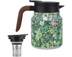 Vintage Bloemenpatroon Theepot, Geïsoleerde Theefles met Ingebouwde Infuser 1 Liter Roestvrijstalen Theepot met Houten Handvat voor Kantoor Thuis Keuken (Groen, 1000 ml)
