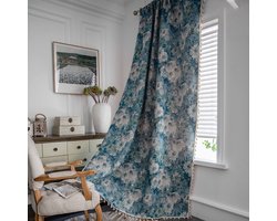 Vintage bloemenprint kwastjes boerderij kamer verduisterend gordijn, woonkamer, slaapkamer, landhuisdeur,blauw,roedezakken,140x220cm