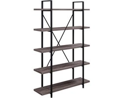 Vintage boekenkast, 5 niveaus, rustiek, groot, hoog, open, boekenkast, hout en metaal, boekenetagère, grijs
