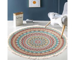 Vintage Boho katoenen tapijten, mandalapatroon, wasbaar, handgeweven, Boheems rond tapijt met kwasten voor slaapkamer, hal, woonkamer, salontafel, vloermatten, wasmachinebestendig, 60 cm