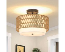 Vintage Boho Rotan Plafondlamp met Linnen Lampenkap - Rustieke Semi-Inbouw Bamboe Hanglamp voor Woonkamer, Slaapkamer, Keuken, Hal, Eettafel - Zwart