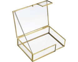 Vintage briefkaartbox van metaal en glas, opslag voor foto's, ansichtkaarten en kleine notitieboekje, decoratie voor woon- en werkkamer, rechthoekig goud (12 x 17 cm)