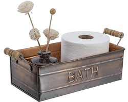 Vintage bronzen metalen opbergmand voor toiletartikelen met houten handgrepen