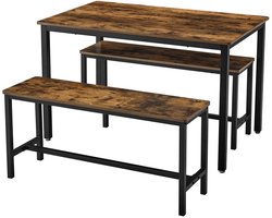 Vintage Bruin-Zwart 110x70x75 cm Eettafel Set Met 2 Banken 97x30x50 cm Keukentafel Eetkamerset Tafelset Eetkamer Tafel Metalen Frame Industrieel Design Voor Keuken Woonkamer Eetkamer