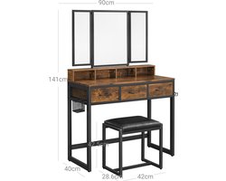 Vintage Bruin-Zwarte Kaptafelset - Kaptafel - Make-uptafel - Spaanplaat en stalen constructie - Glazen tafelblad - Kunstleren kruk - Schuimkussen - 90 cm x 40 cm x 141 cm - 42 cm x 28,6 cm x 42,5 cm