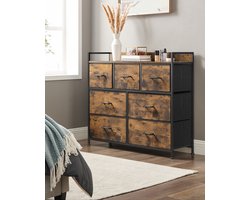 Vintage Bruin-Zwarte Ladekast - Opbergkast - Dressoir - Polyester - MDF - Oxfordstof - Niet-geweven stof - 98cm x 28,5cm x 85cm - Organisatie - Duurzaamheid - Eenvoudige montage