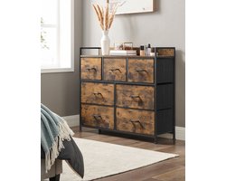 Vintage Bruin-Zwarte Ladekast - Opbergkast - Dressoir - Polyester - MDF - Oxfordstof - Niet-geweven stof - 98cm x 28,5cm x 85cm - Organisatie - Duurzaamheid - Eenvoudige montage