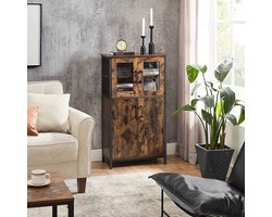 Vintage bruin-zwarte opbergkast - spaanplaat staal glas - hoge kast - vitrinekast - 30 kg capaciteit bovenste plank - 5 kg per plank capaciteit - 60 cm x 30 cm x 108 cm