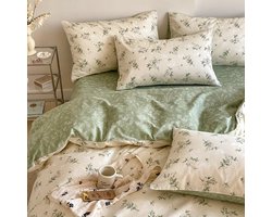 Vintage dekbedovertrek met bloemenprint, queensize, 100% katoen, beige, groen, botanische bloemen, lentebeddengoedset, 3-delig, zacht, ademend, omkeerbaar dekbedovertrek met ritssluiting