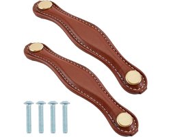 Vintage Donkerbruine Leren Ladehandgrepen - 2 Stuks Meubelknoppen voor Keuken en Badkamer, Ideaal voor Kasten en Dressoirs