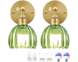 Vintage Draadloze Wandlampen - Groene Tulip Glazen Kap - Oplaadbaar met Afstandsbediening - Dimbare LED voor Bedside, Slaapkamer, Gang -2 Stuks