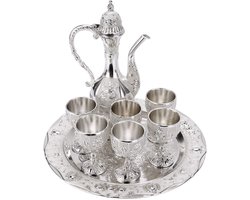 Vintage Exquise Metalen Wijnglas Kannenset, Retro Turkse Europese Stijl Kunst Ambachten Theepot Wijnpot Kit met 6 Luxe Koffiekopjes en Ambachtelijke Theeblad voor het Serveren van Thee en Koffie