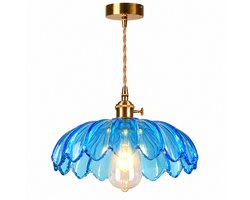 Vintage Glazen Hanglamp - Creatief en Uniek Verlichtingsarmatuur - in Hoogte Verstelbaar - Bloemvormige Hanglamp - voor Slaapkamers, Woonkamers, Bars en Eetruimtes - 25cm - Blauw