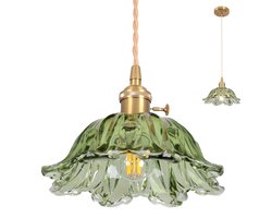 Vintage Glazen Hanglamp - Keukenlamp - E26 Fitting - Groen - Hardwired - Oliegepoetst Metaal - Keukenverlichting - Slaapkamer Verlichting - Retro Lamp - Plafondlamp - Industrieel Design - Keuken