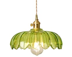 Vintage glazen kroonluchter voor keukeneiland en eetkamer - groene bloemen hanglamp