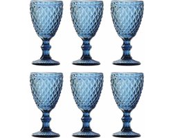 Vintage glazen set - wijnglazen en waterglazen - 6 stuks - blauw