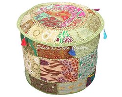 Vintage Groene Indiase Geborduurde Patchwork Poef Cover