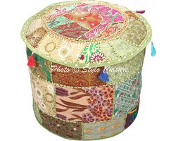Vintage Groene Indiase Geborduurde Patchwork Poef Cover