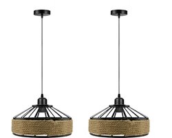 Vintage Hanglamp met Henneptouw en Draadkooi - Decoratieve Verlichting voor Elke Ruimte (2-pack)
