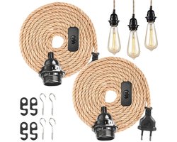Vintage Hanglamp met Schakelaar en Stekker - E27 Fitting, Henneptouw, 4,5 m - DIY Creatieve Verlichting