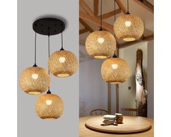 Vintage Hanglamp van Natuurlijk Bamboe en Wilgentenen – Driepits Rieten Plafondlamp met Zwarte Basis voor Woonkamer, Keuken, Café en Restaurant