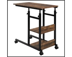 Vintage hout C-vormige Bijzettafel - Hoogte Verstelbare Laptoptafel - Met Wielen - Sofa- en Bedtafel - Multifunctioneel Gebruik - 3 Opbergplanken - Sterk Metaalframe - Compact Ontwerp - 50 kg Draagvermogen
