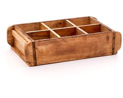 Vintage houten kist - baksteenmal met 6 compartimenten - handgemaakt en duurzaam met metalen beslag