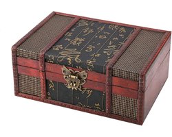 Vintage Houten Opbergdoos - Sieraden Bewaarbox - Decoratieve Schatkist - 23 x 16 x 10 cm - Chinese Stijl met Slot