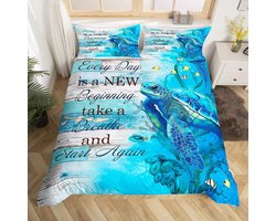 Vintage Houten Plank Zeeschildpad Dekbedovertrek voor Kinderen, Eenpersoons Beddengoed Set met Kwallen en Koraal, Perfect voor Tieners en Volwassenen Kamers, Zeeblauwe Kleur met 1 Kussensloop