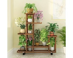 Vintage houten plantenrek met meerdere niveaus en wielen – decoratieve plantenhouder voor binnen en buiten, zonder elektriciteit