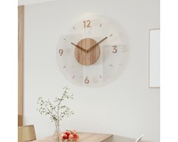 Vintage houten wandklok, transparante acryl wandklok, ronde stille wandklok, op batterijen, tikvrije decoratieve klok, geschikt voor woon-/slaapkamer, 30 cm, cijfers zonder lijst.