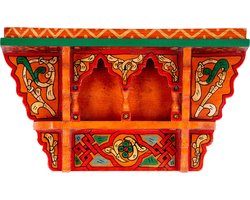 Vintage houten wandrek – kleurrijke handgeschilderde muurdecoratie – originele Marokkaanse wandplank - 40 x 23 x 10 cm - oranje