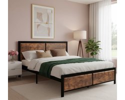 Vintage Industrieel Tweepersoonsbed 140x200 cm – Stevig Metalen Bedframe met Massief Houten Hoofdbord & Voetbord – Inclusief Lattenbodem, Opbergruimte & Piepvrij Design – Luxe Retro Stijl – Bruin Bed voor Slaapkamer | Medahomestore