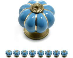 Vintage kastknop van keramiek - Set meubelknoppen kroon porselein antieke bronzen versiering - Set van 8 blauw