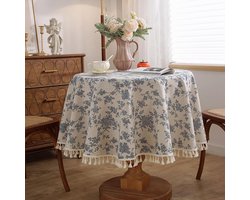 Vintage katoen-linnen rond tafelkleed, landelijk bloemenpastoraal patroon, afwasbaar, geschikt voor eettafel, picknick, binnen en buiten, tafeldecoratie (blauw bloemenpatroon, rond 60") -Met kwastjes