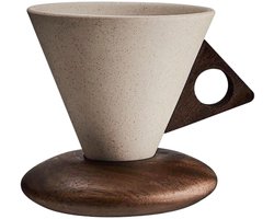 Vintage keramische koffiemokkenset 250ml – Creatief kegelvormig design – Met massief houten handvat & onderzetter – Elegant voor thuis, kantoor, restaurant en feestjes
